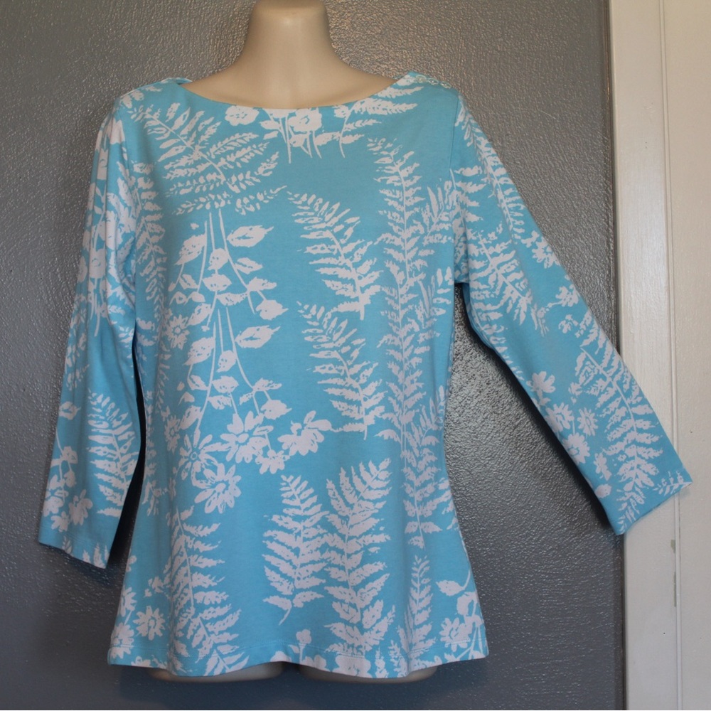 J McLaughlin Sky Blue Floral Jersey Knit 3/4 Sleeve Boatneck Top Small